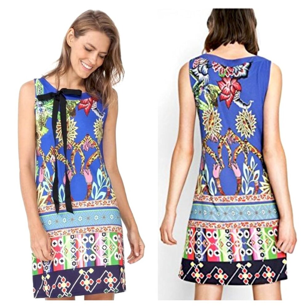 Desigual Octubre Multicolor Floral Dress Medium Blue 60s Mod Shift Sleeveless